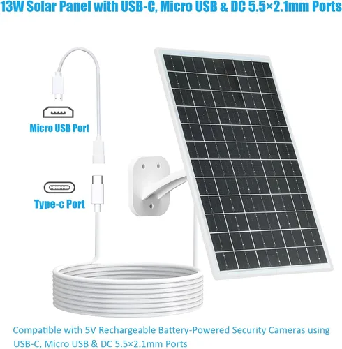 Vista 3 de Panel Solar de 13W para Cámaras de Seguridad al Aire Libre, USB-C, Micro USB y Salida DC de 5.5x2.1mm, Montura de 360°, Resistente al Agua IP66