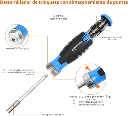 Vista 5 de Amazon Basics Juego de destornilladores magnéticos de trinquete de 12 piezas con múltiples puntas, negro, azul, plateado