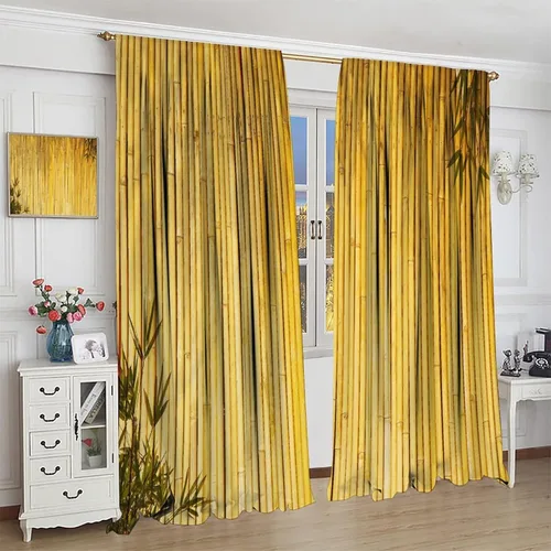 Vista 4 de Cortinas con estampado de bambú, tallos y hojas de bambú, temática oriental natural, oscurecimiento de habitación, ventana, ventana, cortina