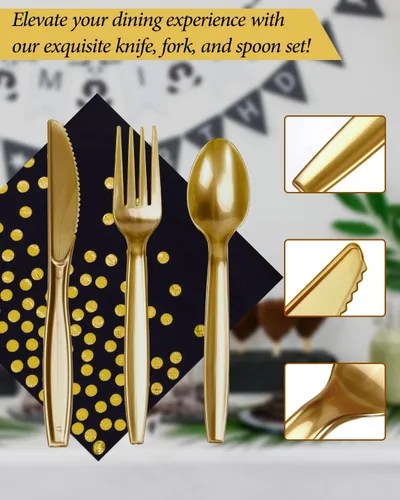 Vista 5 de 224 piezas de suministros para fiestas, platos de fiesta negros y dorados, juegos de vasos y servilletas con cuchillos, tenedores y cucharas