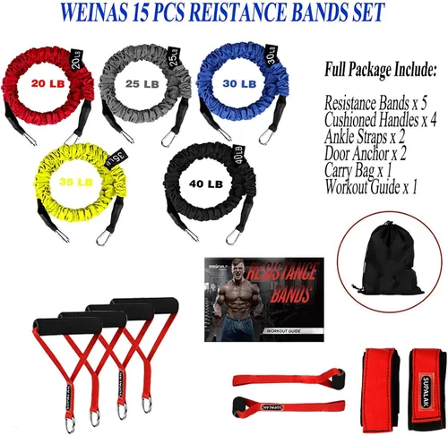 Vista 8 de Bandas de resistencia, juego de 15 bandas elásticas para ejercicio, tubos de resistencia de 20 libras a 40 libras con mangas protectoras de nailon