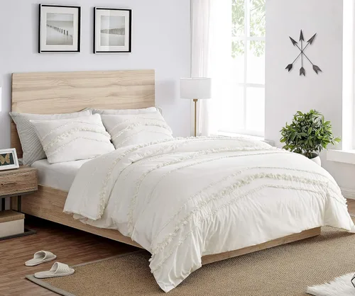 Vista 9 de Juego de ropa de cama de 2 piezas con borlas copetudas de macramé blanco y rosa bohemio, bohemio, elegante, tamaño individual/individual XL, funda