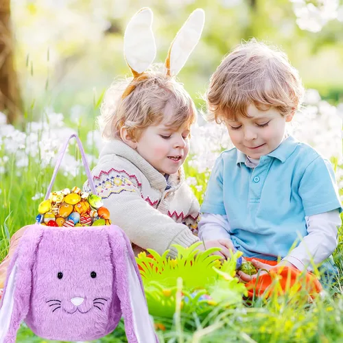 Vista 4 de Cesta de conejo de Pascua de felpa, cubos de Pascua con monograma con orejas largas de felpa, bolsas de regalo de Pascua para caza de huevos, bolsas