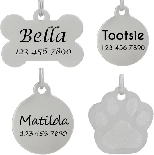 Vista 2 de Etiquetas de identificación de mascotas de acero inoxidable grabadas con láser, personalizadas para perros y gatos, etiqueta redonda de hueso