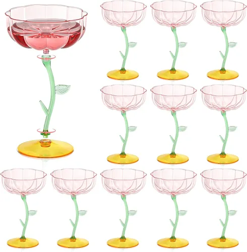 Vista 14 de 12 vasos de plástico azul acanalados cupé desmontables de 7 onzas, copas de cóctel de flores modernas onduladas de plástico, vasos de Martini