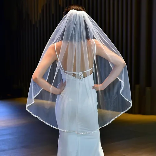 Vista 2 de 1 nivel perla de cristal con cuentas borde nupcial velo de boda longitud de la yema
