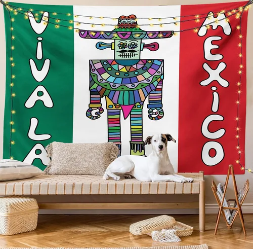Vista 8 de Lunarable Tapiz mexicano, robot mexicano con sombrero y poncho sobre bandera mexicana, impresión de fondo de color, decoración colgante de pared