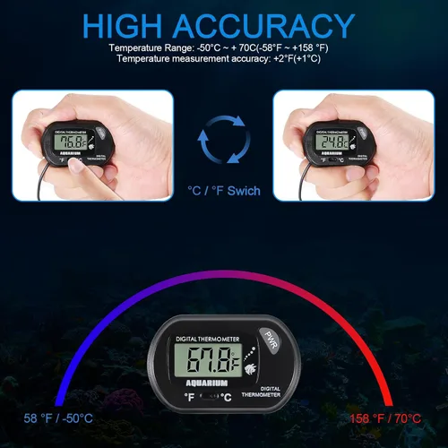 Vista 4 de Termómetro de acuario LCD digital para pecera, con sonda de sensor resistente al agua y ventosa para incubadoras de tortugas, termómetro de agua