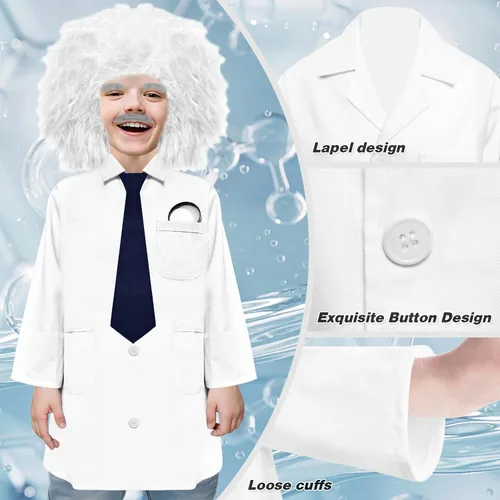 Vista 5 de Kids Mad Scientist Costume 9 Pcs Set With Wig 100th Day of School Old Man Albert Einstein Costume for 5-14 Years