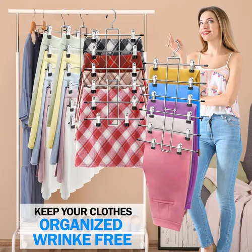 Vista 4 de Paquete de 3 organizadores de armario y almacenamiento, 6 niveles para faldas y pantalones, perchas con clips que ahorran espacio