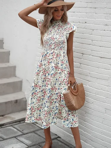 Vista 3 de Milumia Vestido midi fluido con mangas casquillo fruncidas y cuello con lazo y dobladillo con volantes para mujer