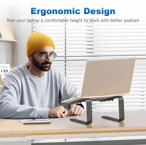 Vista 4 de suptek Soporte para computadora portátil de aluminio, soporte para computadora portátil ergonómico y desmontable para escritorio, elevador