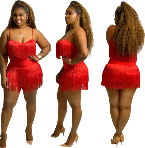 Vista 2 de Traje de mujer sexy de 2 piezas, sin mangas, con borlas de plumas en la blusa, minivestido entallado para el cuerpo, ropa para ir al club.
