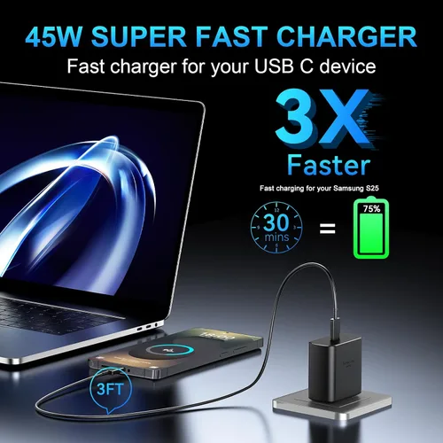 Vista 6 de Cargador USB C súper rápido de 45 W, cargador tipo C, bloque de carga rápida para teléfono Android con cable de carga tipo C de 3 pies para Samsung