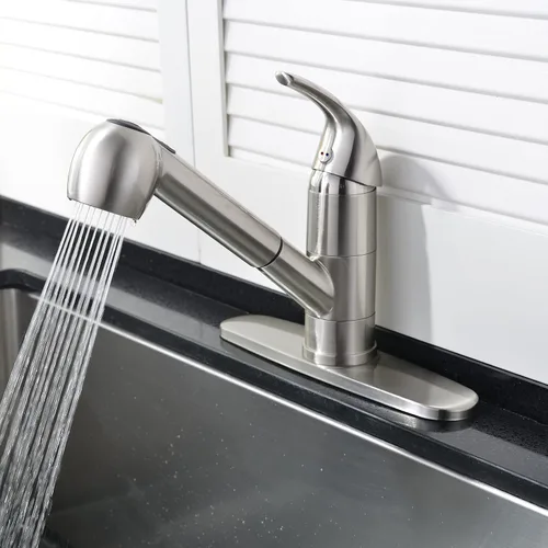 Vista 7 de Grifo de cocina de perfil bajo extraíble con rociador, grifo de fregadero de lavandería de acero inoxidable de una sola manija con níquel cepillado