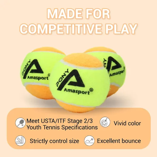 Vista 2 de AMA SPORT Pelotas de tenis para niños 25%-50%-75% de baja compresión para niños, pelotas de tenis para principiantes, entrenamiento juvenil, pelota