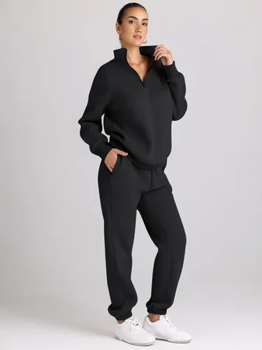 Vista 4 de AUTOMET Conjunto deportivo de 2 piezas para mujer, manga larga, media cremallera y pantalones deportivos holgados con bolsillos