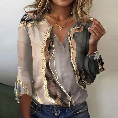Vista 3 de Camisetas de otoño para mujer, blusas sueltas casuales con cuello en V estampadas, blusas de manga 34
