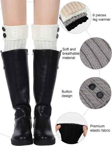 Vista 3 de Pangda 4 pares de calcetines de punto para botas con botones para mujer, calcetines cortos de punto de cable, Negro, blanco, beige y gris claro