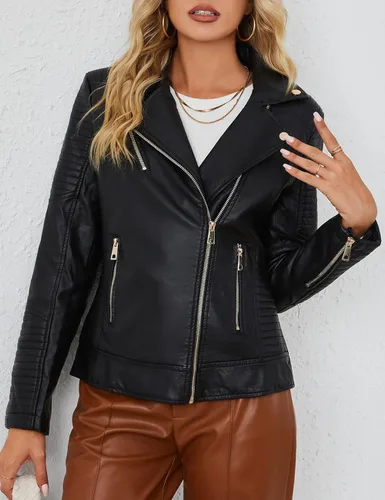 Vista 4 de Bellivera Chaqueta informal de piel sintética, abrigo de motocicleta de moda para otoño y primavera, para mujer