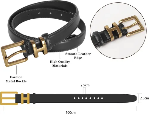 Vista 370 de Cinturón de cuero clásico con hebilla de metal para mujer con vestido de jeans