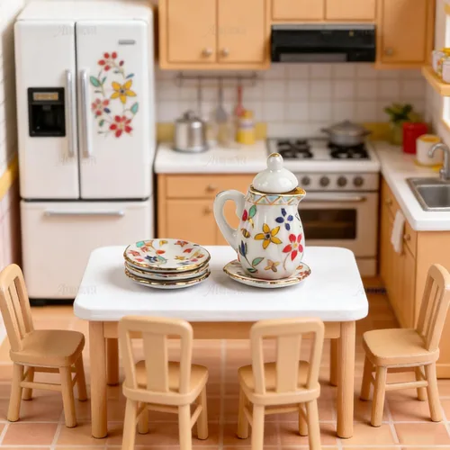 Vista 6 de AUEAR, Juego de 15 piezas de té de porcelana en miniatura 1:12 Miniatur Plato Taza Plato Accesorios Clásicos de Cocina (Patrón de Hoja Dorada)