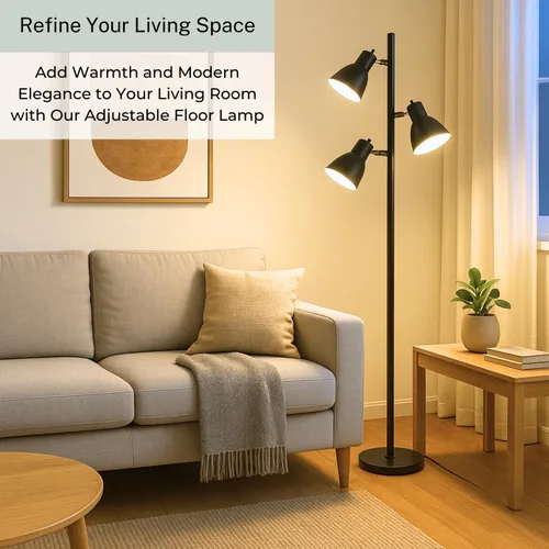 Vista 2 de LIGHTACCENTS Lámpara de pie de árbol negro con 3 luces ajustables, lámpara de pie moderna, pantallas negras ajustables, luz de poste para sala