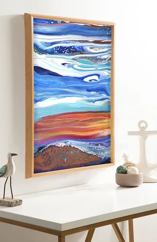 Vista 3 de Kate and Laurel Blake Coastal Currents - Arte de pared de vidrio impreso enmarcado por Xizhou Xie, 18 x 24 pulgadas, natural, arte abstracto moderno
