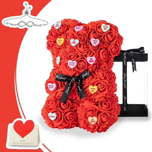 Vista 9 de U UQUI - Oso de peluche de rosas de Navidad, regalo para el Día de San Valentín, para esposa, novia, oso de peluche artificial en caja con tira