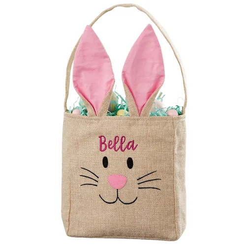 Vista 2 de Personalization Universe Bolsa personalizada de arpillera de Pascua con cara de conejo azul - Regalo personalizado de Pascua para niños - Bolsa