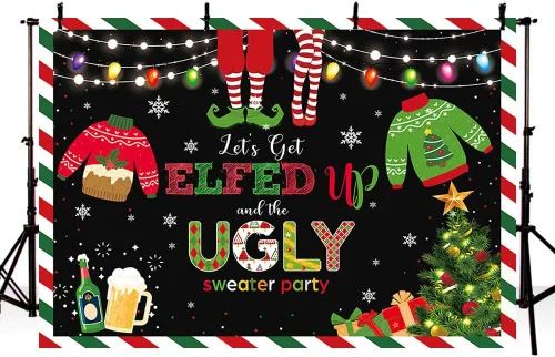 Vista 2 de MEHOFOND Telón de fondo de Feliz Navidad de 7 x 5 pies con texto en inglés "Let's Get Elfed up and The Ugly Sweater Party Fotografía", rojo y verde