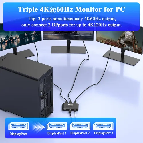 Vista 2 de Displayport Splitter 1 en 3 salidas, 8K @60Hz, 4K @120Hz, Resolución DP 1.4 DisplayPort Switcher Box, soporte DSC, conmutador de puerto de pantalla