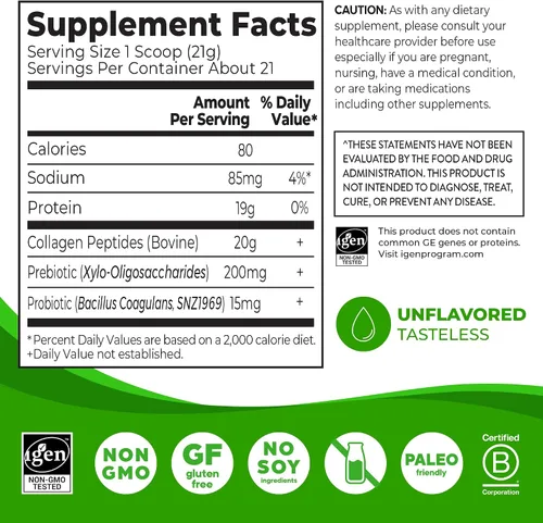 Vista 2 de Orgain - Péptidos de colágeno hidrolizado + Polvo de prebióticos y probióticos para mujeres y hombres, 20 g de colágeno alimentado con pasto, 1 mil