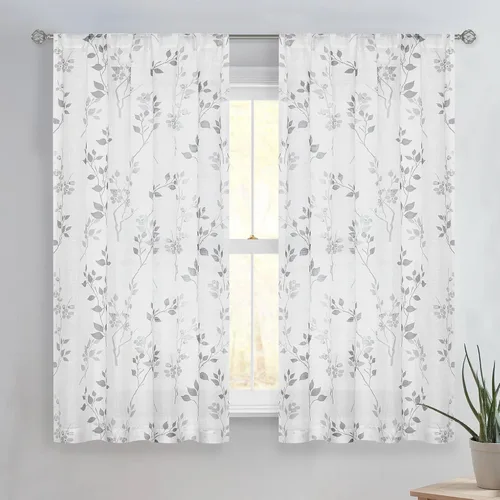 Vista 20 de Beauoop Juego de 2 cortinas semitransparentes de lino floral para sala de Clásico azul y gris