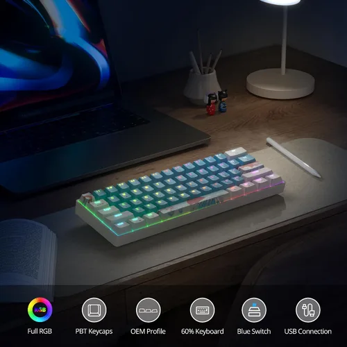Vista 5 de Teclado mecánico 60% Teclado compacto 60% para juegos, retroiluminación RGB, 61 teclas, cable USB para PC portátil con Windows Mac