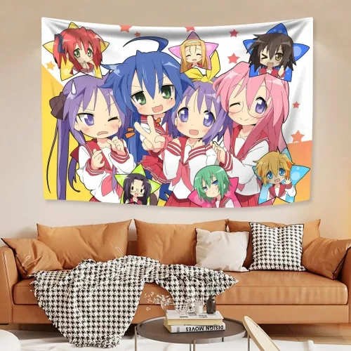 Vista 6 de Bonito tapiz colorido de anime, Kawaii japonés divertido diseño de dibujos animados para niñas, tapiz rosa para sala de estar, dormitorio, 11