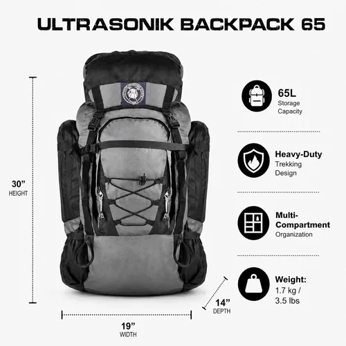 Vista 4 de UltraSonik 65L Mochila técnica de senderismo con capucha, Gris con capucha negra, Exteriores