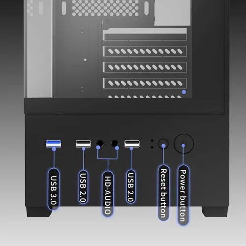 Vista 7 de Carcasa Micro ATX, carcasa MATX, ITX para PC con ventilador ARGB de 2 x 120 mm preinstalado, panel frontal y lateral de vidrio templado panorámico