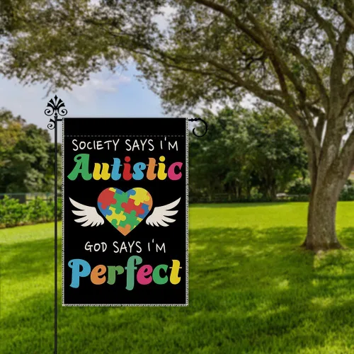 Vista 5 de Hafhue Society Says I'm Autistic God Says I'm Puzzle - Bandera de jardín para exteriores, decoración de casa de campo, Hope Education I Love