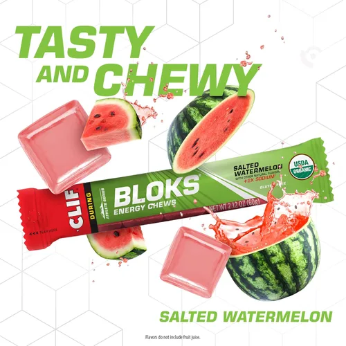 Vista 4 de CLIF BLOKS - Sabor sandía salada con 2X sodio - Masticables energéticos - Sin OGM - A base de plantas - Combustible rápido para ciclismo y correr