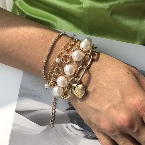 Vista 5 de Zeelina Pulsera de gargantilla de diamantes de imitación con cadena de clip de perlas doradas apilable ajustable conjunto de joyería de moda