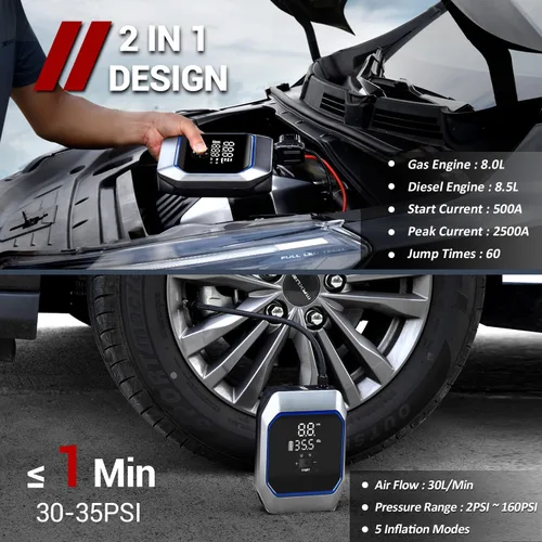 Vista 2 de Arrancador de salto con compresor de aire, paquete de batería portátil de 2500 A (8.5 gas/8.0L diesel) 160PSI 20000mAh inflador de neumáticos