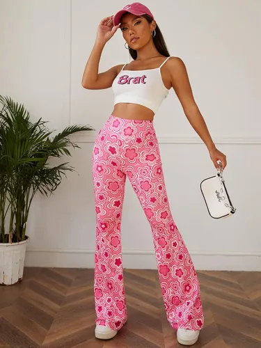 Vista 6 de OYOANGLE Pantalones de yoga de cintura alta con estampado floral para mujer