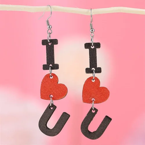 Vista 6 de Aretes únicos de madera creativos con letras de amor, únicos para el día de San Valentín, flecha, en forma de corazón, para mujeres, niñas, Día