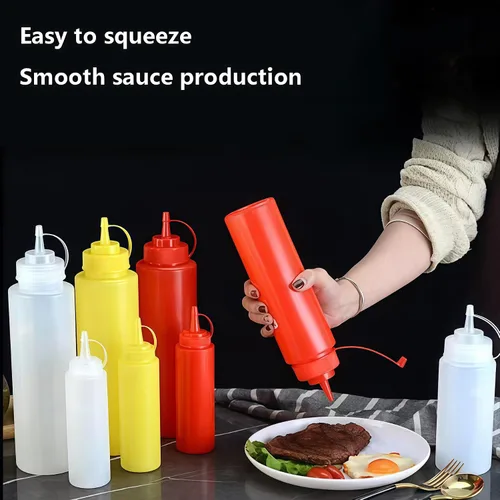 Vista 8 de 3 botellas de plástico rellenables para condimentos de salsa exprimible vacía de 12 onzas, contenedor de almacenamiento de aderezos de ensalada