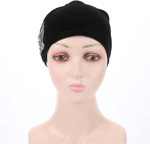 Vista 8 de YiYi Operation Gorro de terciopelo elástico para mujer, gorro de quimioterapia con cuentas de flores para el cabello