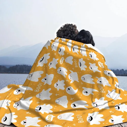 Vista 7 de Manta amarilla con diseño de fantasmas de dibujos animados, para mujeres y hombres, suave y acogedora manta de forro polar para sala de estar, cama