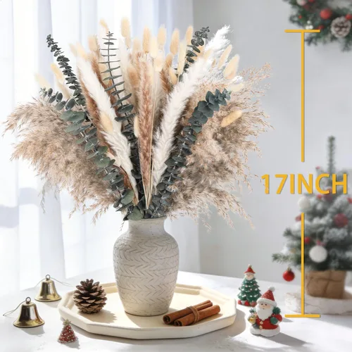 Vista 2 de 110 piezas de decoración de hierba seca de las pampas, pompas secas naturalmente, colas de conejo secas, flores secas con eucalipto seco, decoración