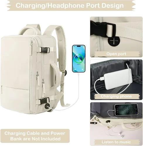Vista 8 de Hanples Mochila de viaje para mujeres y hombres, mochila grande para artículos personales, mochila para laptop aprobada por la TSA Flight, Beige