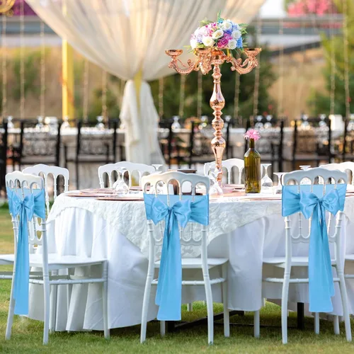 Vista 6 de 10 PCS Lazos de Satén Azul Bebé para Sillas Bandas Universales Cintas para Sillas Lazos Traseros para Bodas Fiestas Recepciones Eventos Banquetes